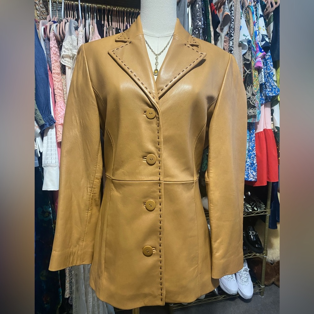 VTG Juliet Michelle by Adler Tan Lambskin Leather Blazer Jacket Whipstitch Sz S